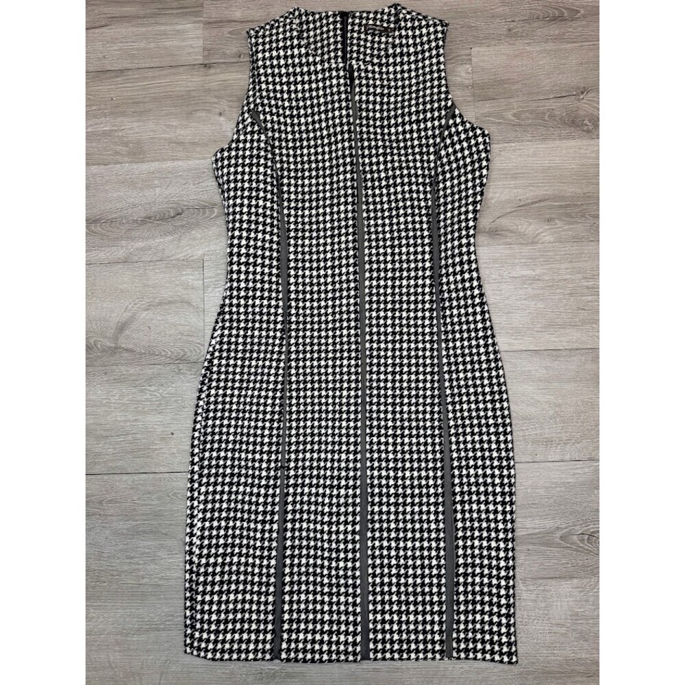 Houndstooth Sheath Dress Black White Faux Leather Trim Size 0